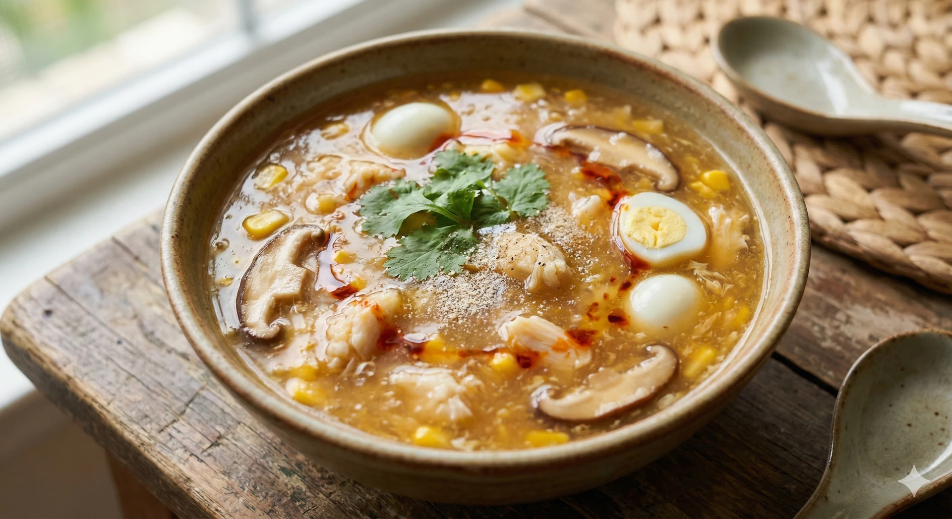 A steaming bowl of Vietnamese Crab Soup with Quail Eggs (Sup Cua)