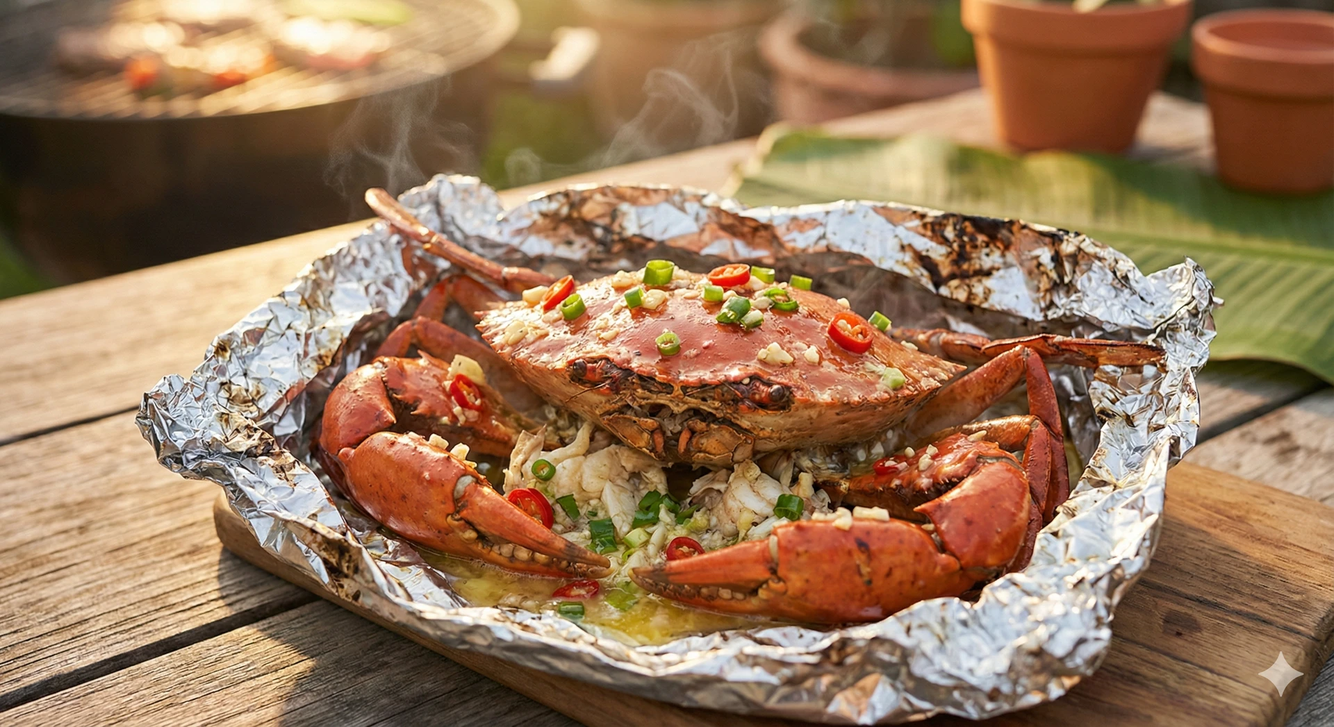 Glistening Grilled Crab in Foil, infused with flavor