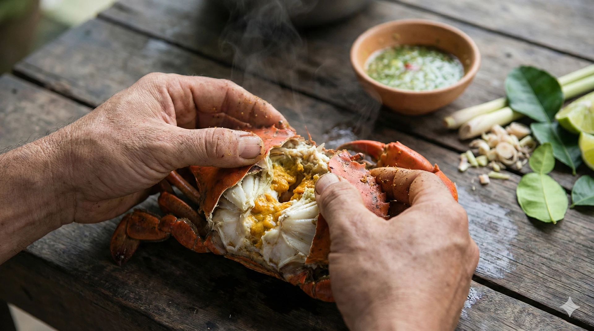 Expert hands breaking open a mud crab in Mekong Delta