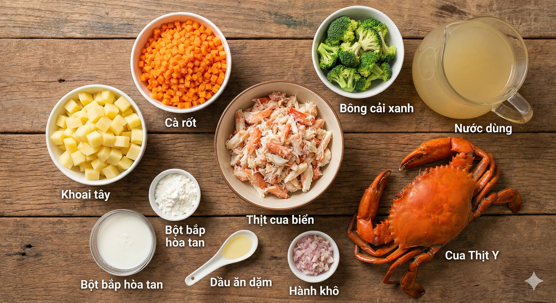 Nguyên liệu chuẩn bị cho món súp cua rau củ thập cẩm cho bé