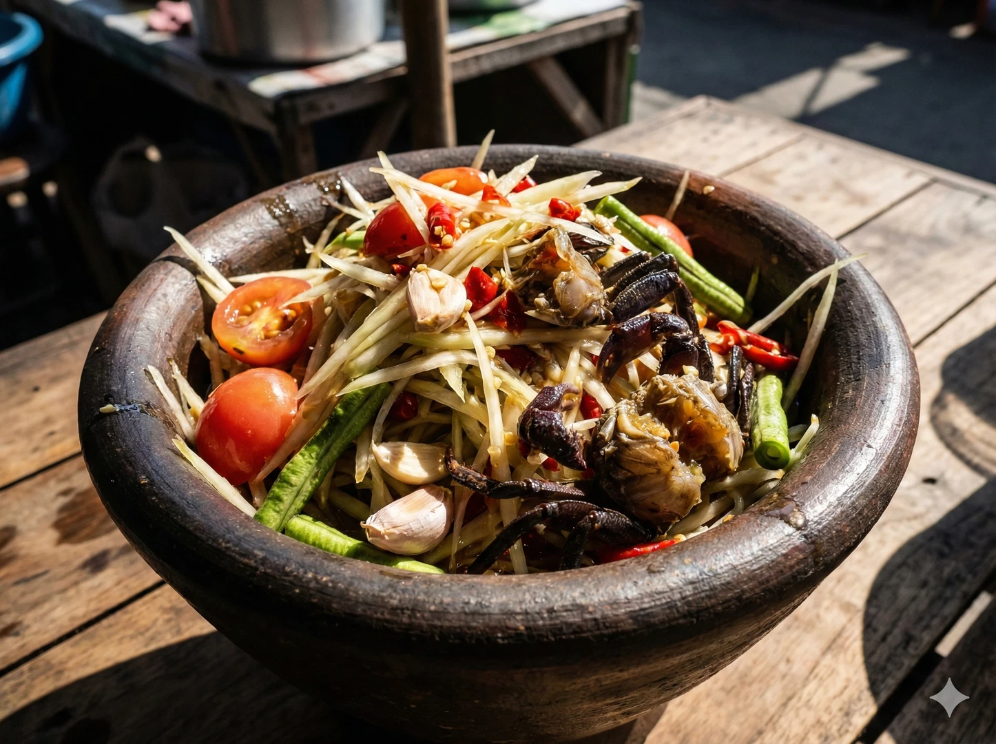 Vibrant Thai Style Raw Crab Salad (Som Tum Pu) with green papaya and chilies