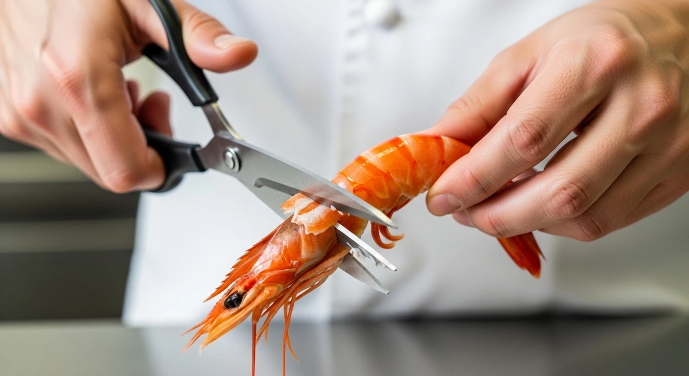 Chef's hands quickly peeling shrimp with scissors