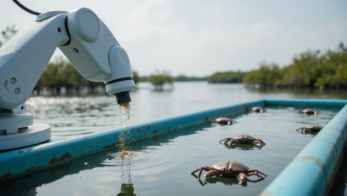 Robot AI đang cho cua ăn trong ao nuôi tại Cà Mau