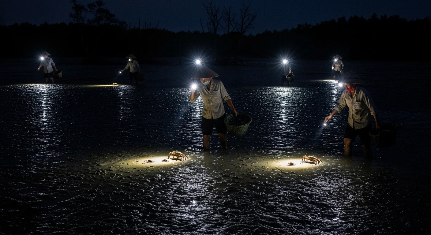 Locals with flashlights harvesting ba khia crabs in muddy mangrove flats at night
