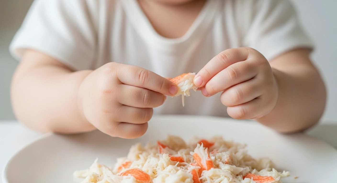 A baby's hands holding a small piece of cooked crab meat
