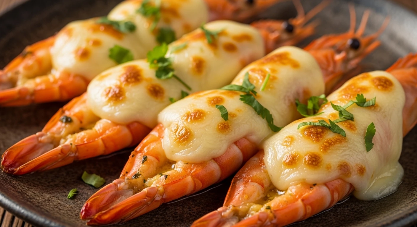 Giant freshwater prawns baked with mozzarella cheese