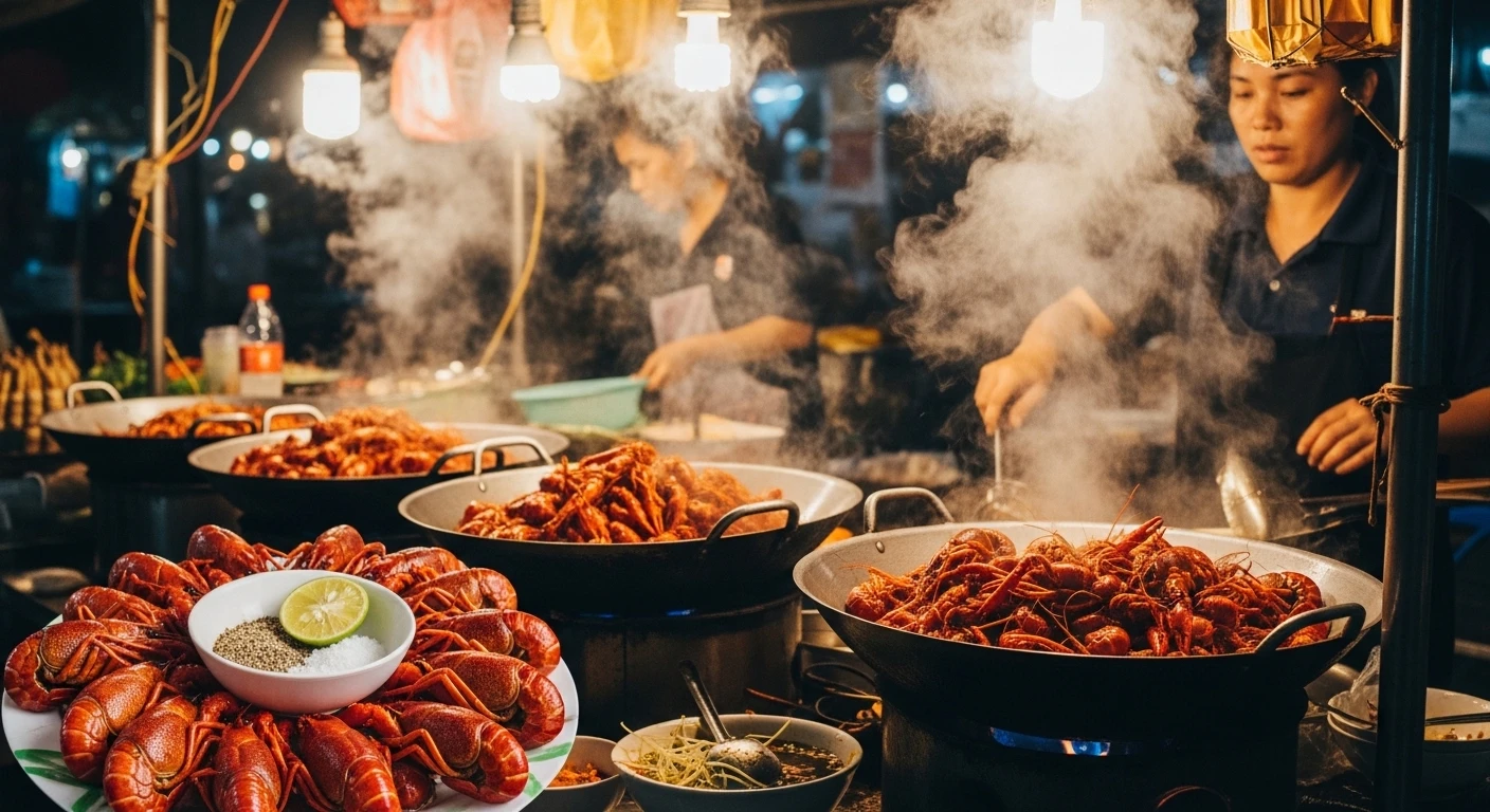 Street food stall with piles of red crawfish, steam rising