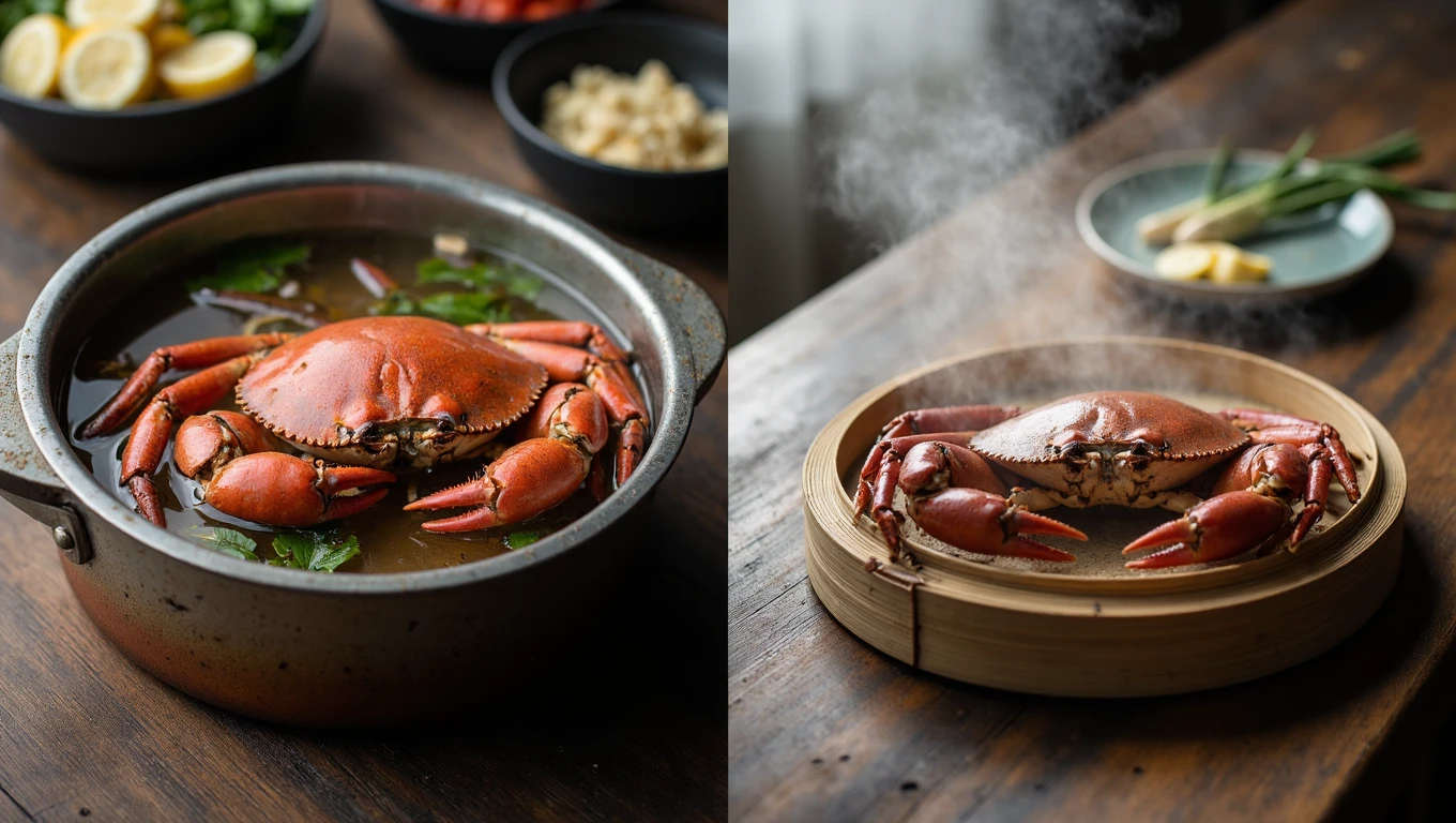 Vibrant red crab, half boiled in a pot, half steamed with herbs