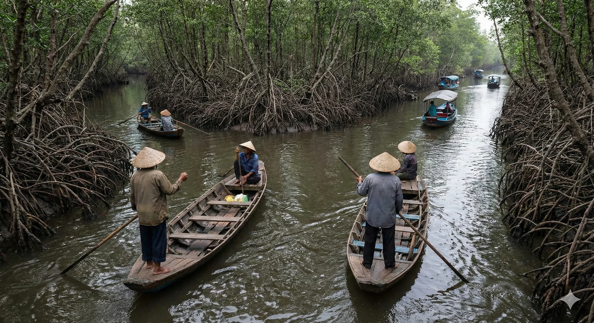 Local Ca Mau fisherman in a sampan boat collecting crabs from mangrove roots