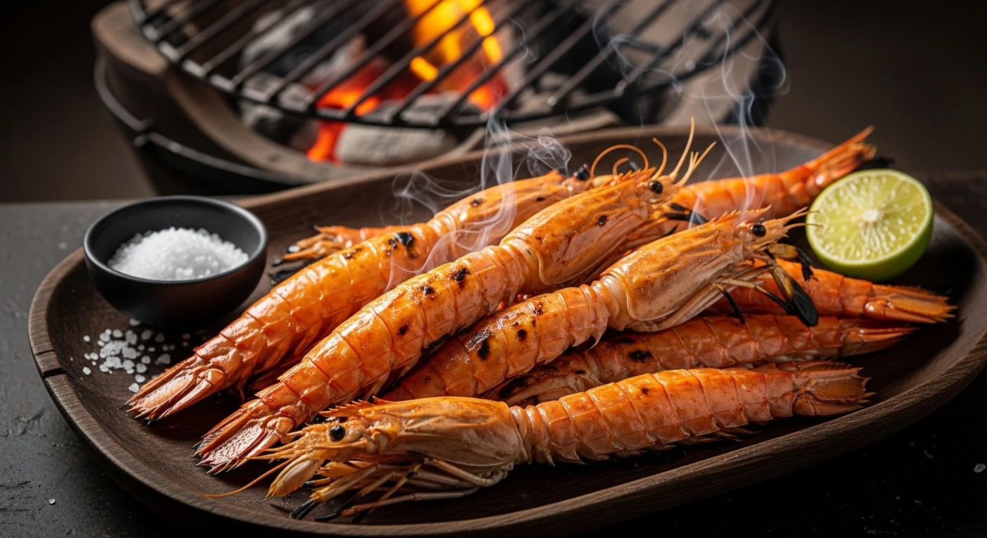 Charcoal grilled bare mantis shrimp on a rustic plate