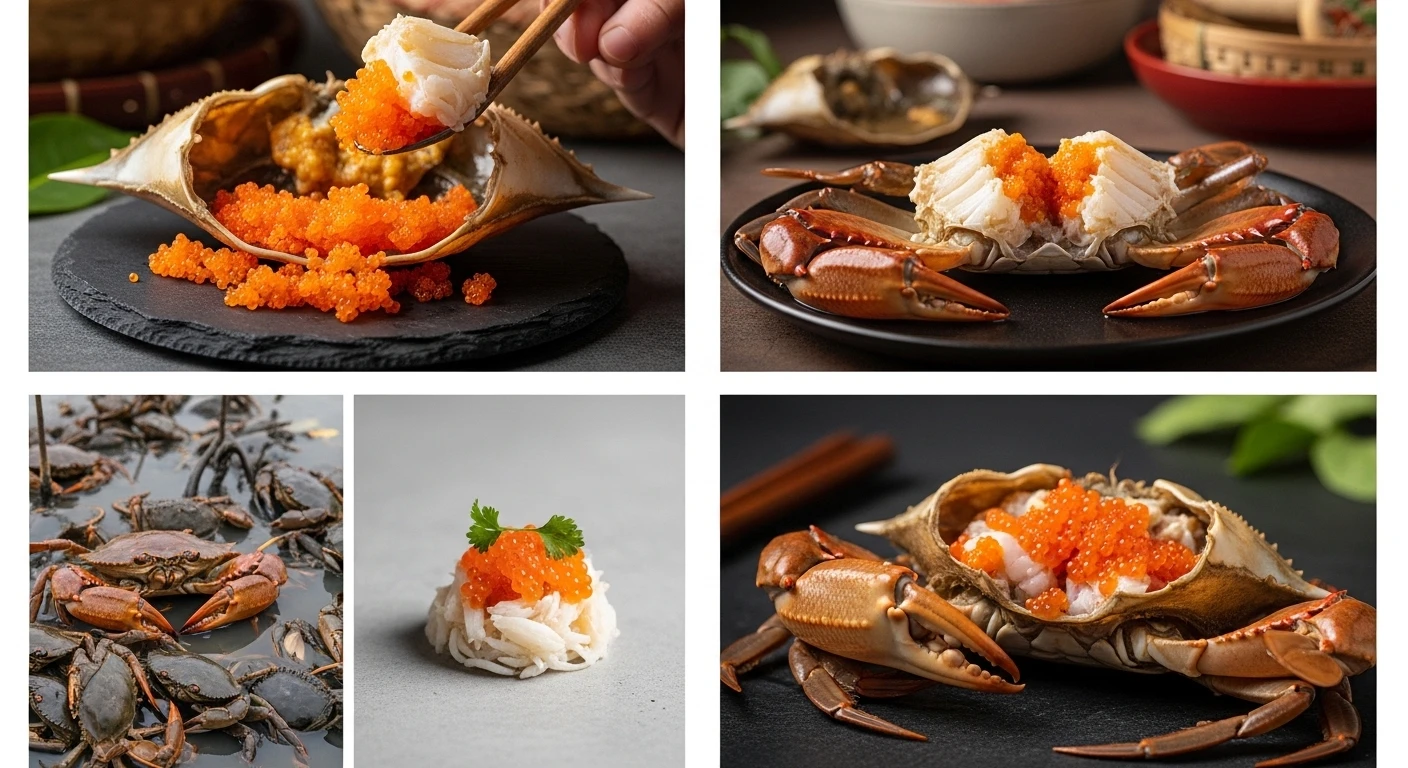 Vibrant orange crab roe in a steamed crab