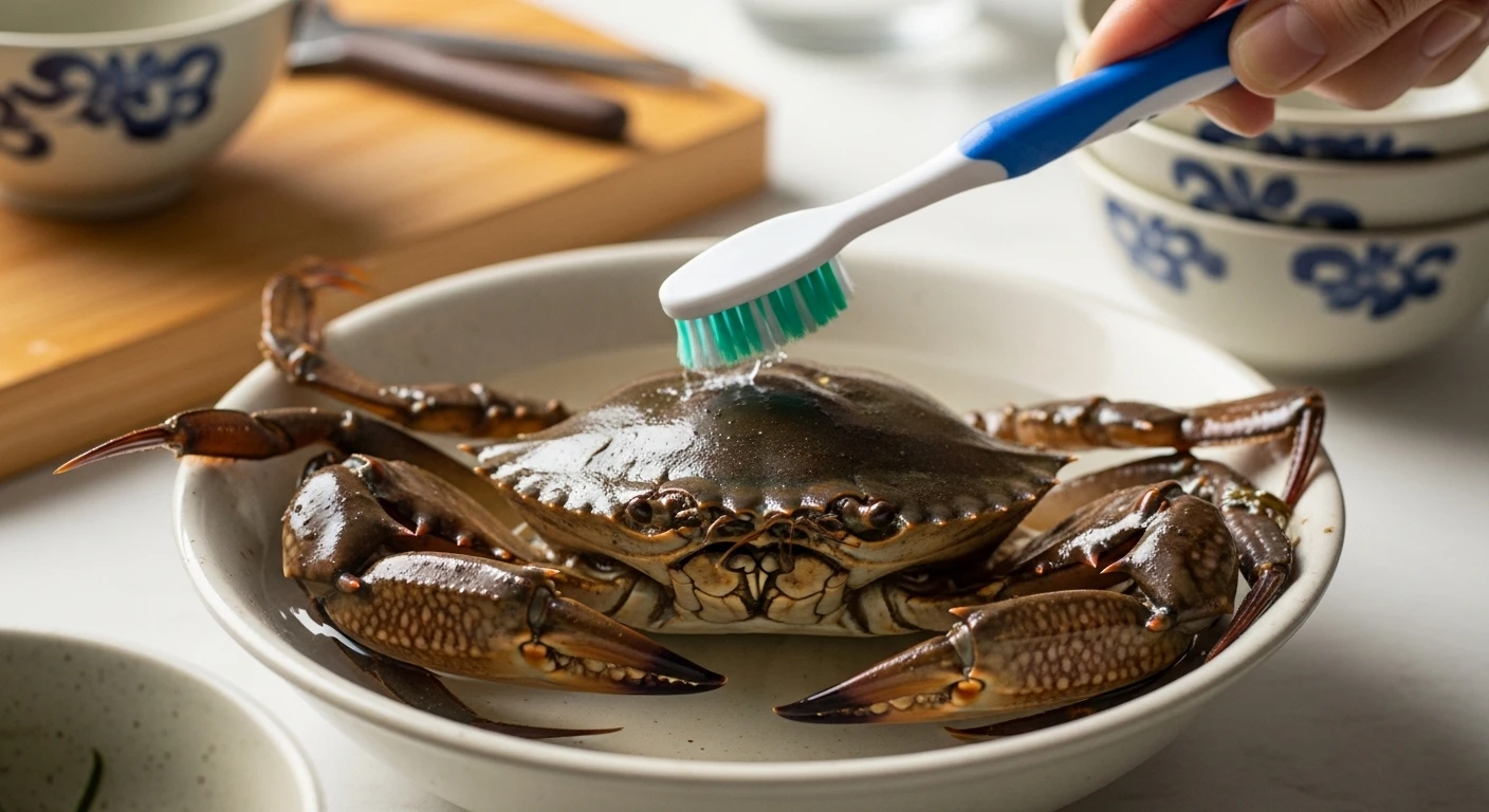 Mud crab being cleaned with a toothbrush
