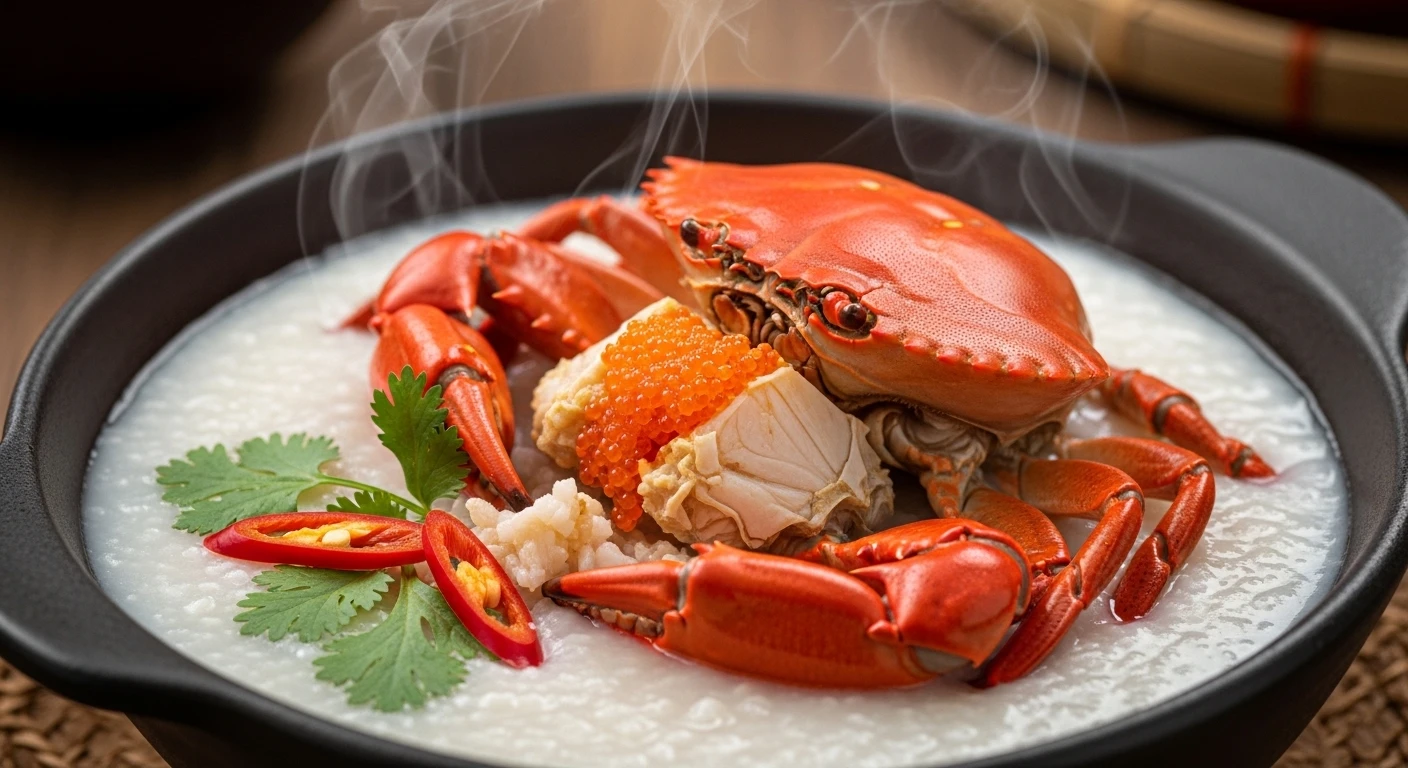 Creamy coconut milk porridge topped with bright red salted crab roe and a sprig of fresh herbs