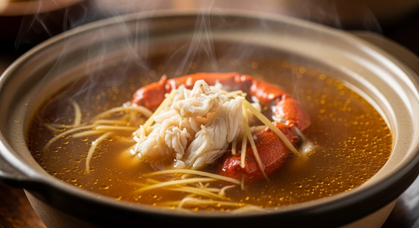 A steaming bowl of rich crab broth with visible crab meat and garnishes