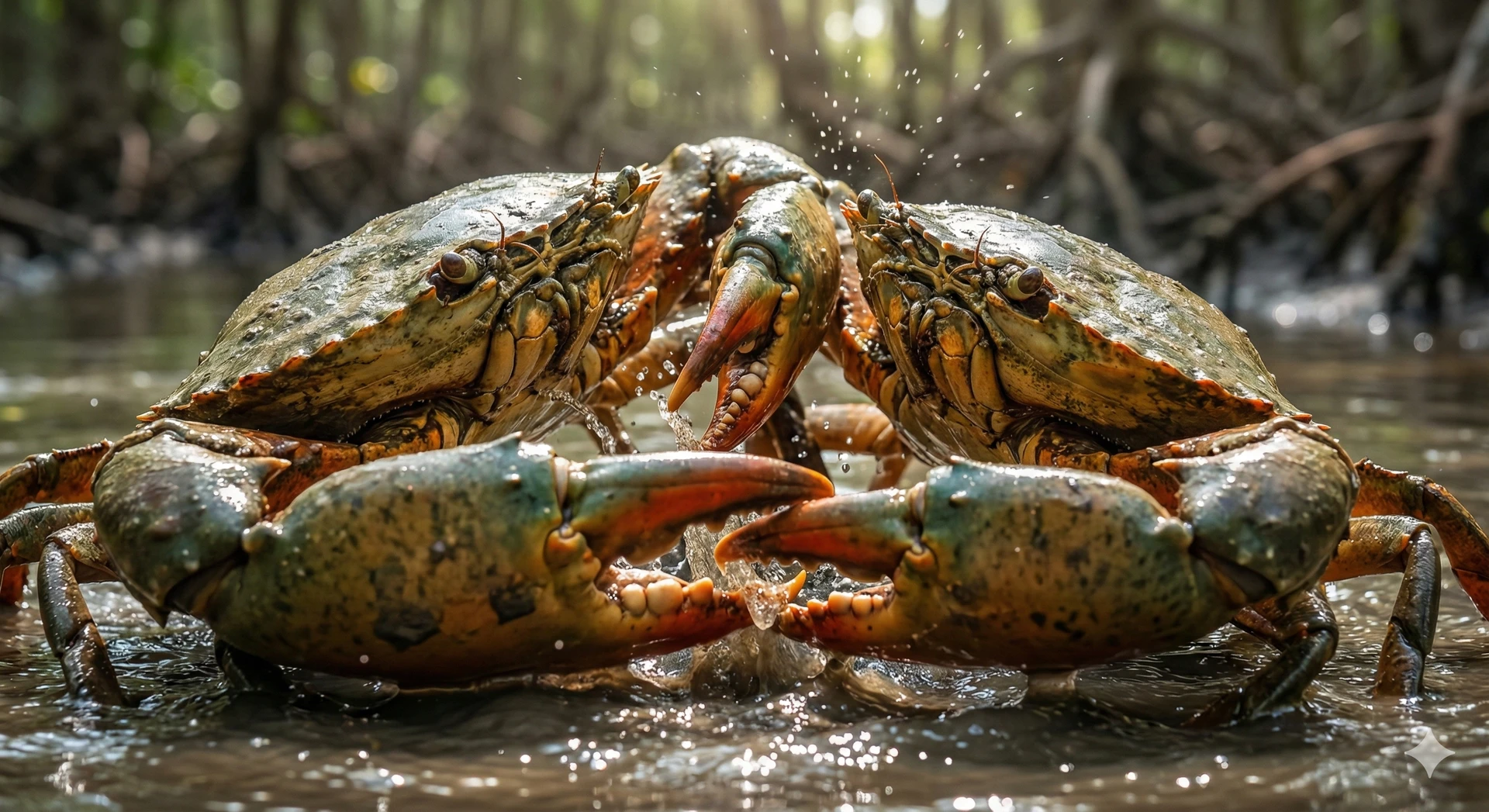 Aggressive mud crab in a dark, muddy environment, showing predatory behavior