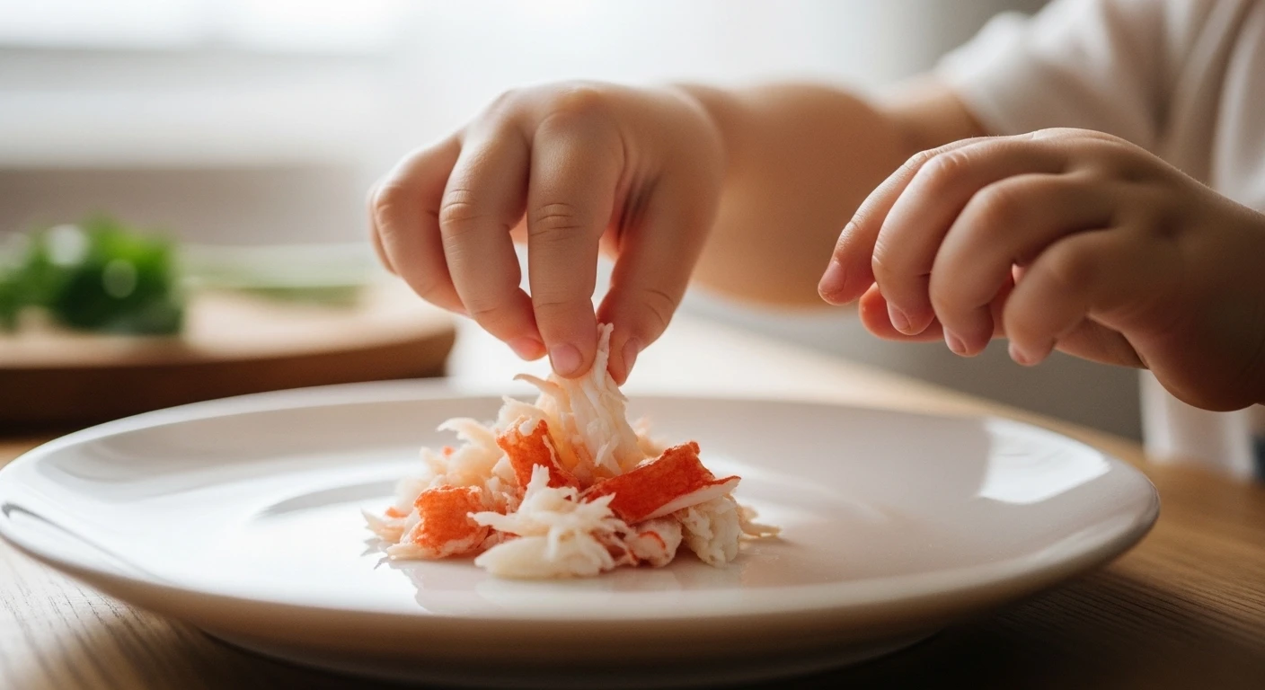 Toddler joyfully eating shredded crab meat