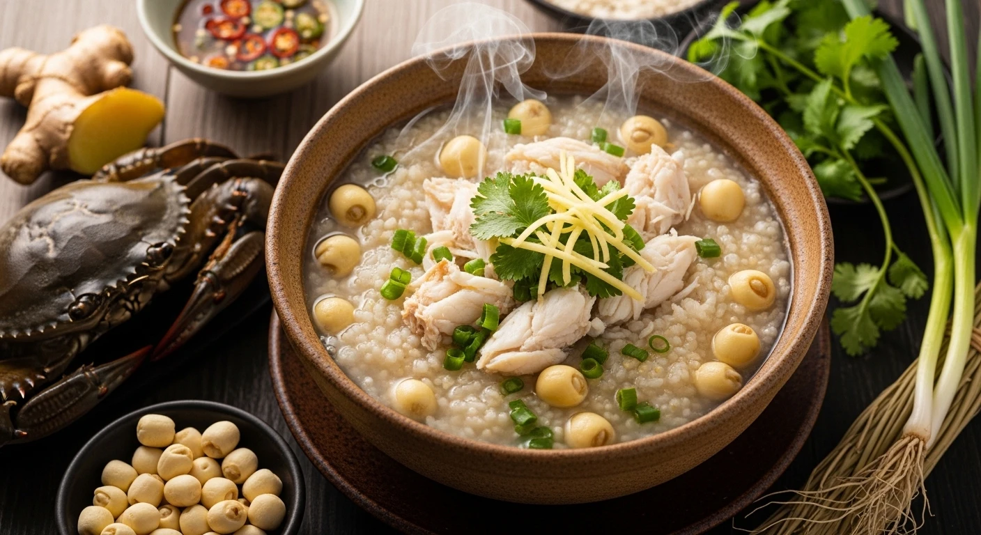 Bowl of Vietnamese Lotus Seed and Crab Porridge with garnishes