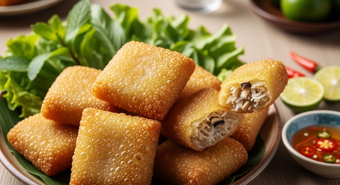 Golden brown, square crab spring rolls piled on a plate