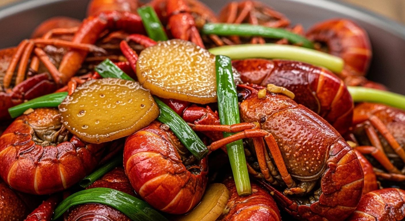 Pan-seared crawfish with scallions, ginger, and dark sauce