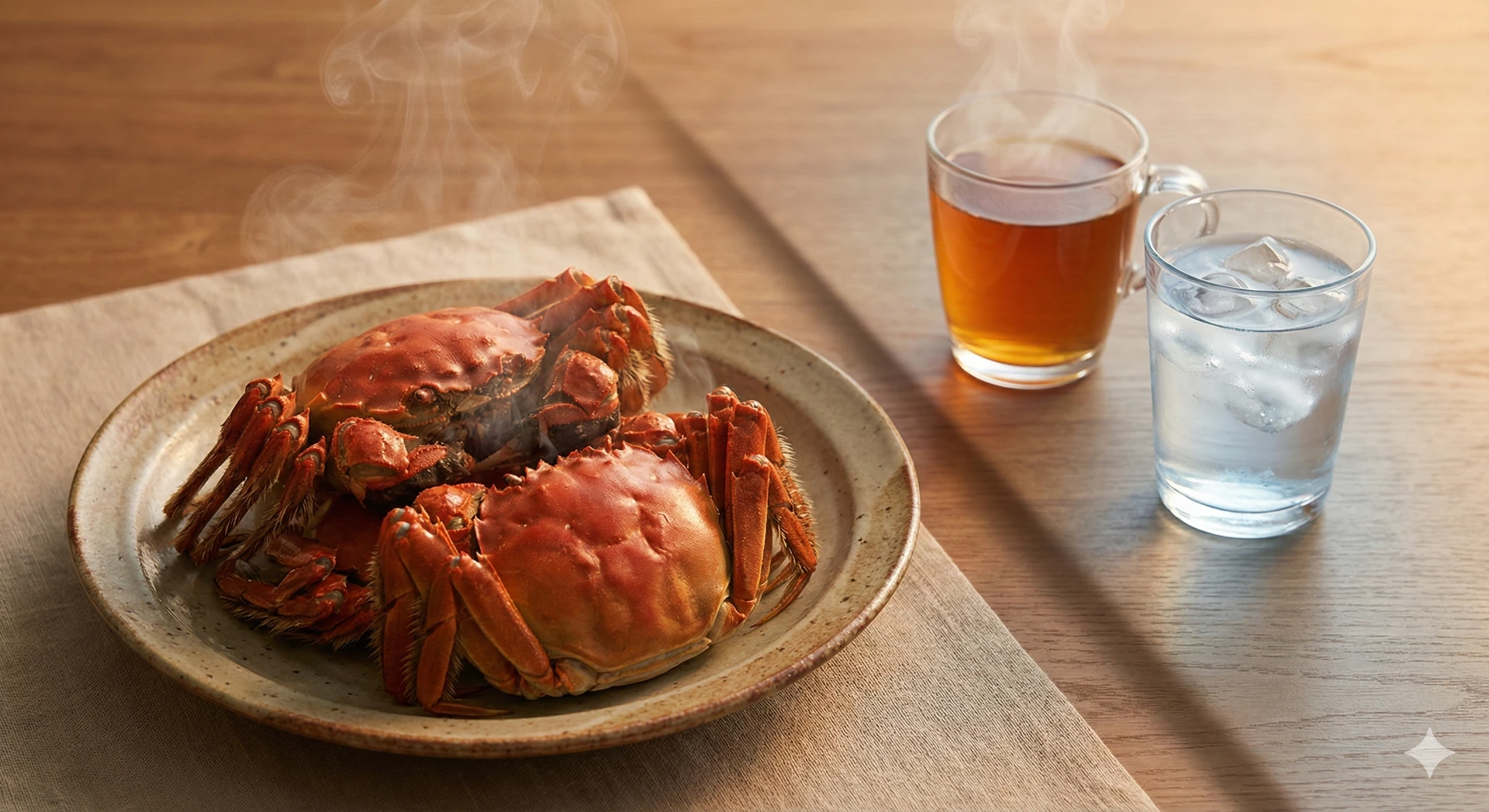 Một ly trà xanh và một ly nước đá bên cạnh đĩa cua hấp, biểu tượng cho những thứ nên tránh