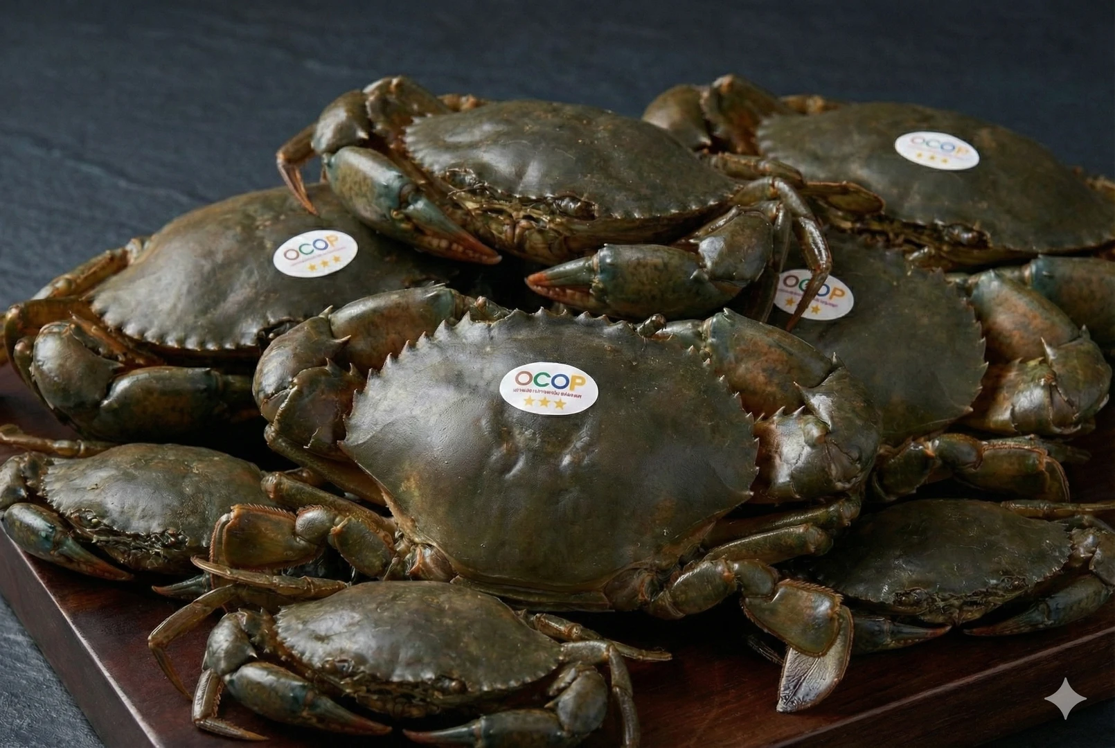 Hình ảnh cận cảnh cua Cà Mau tươi sống với các dấu hiệu nhận biết như yếm, càng và tem nhãn