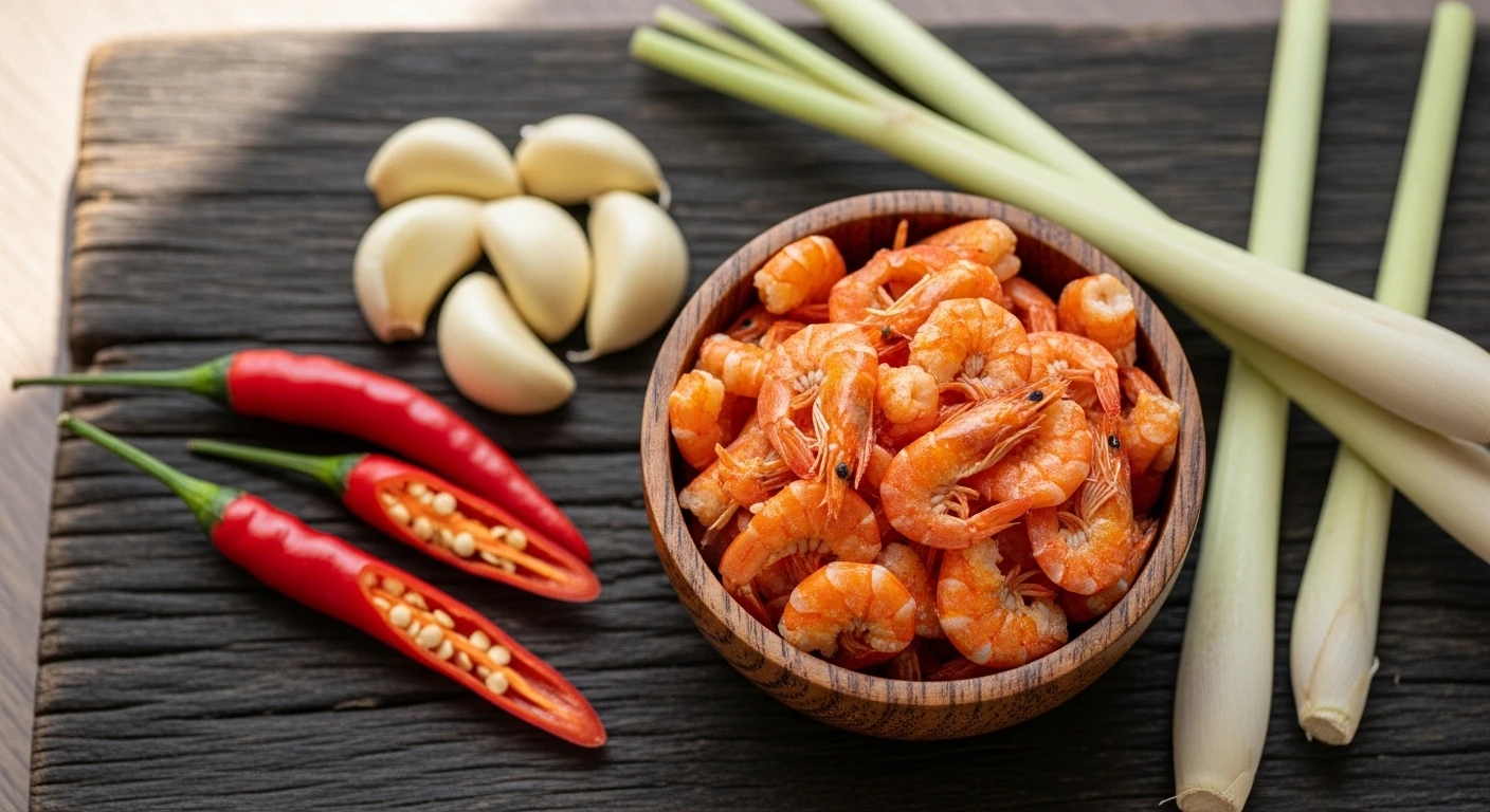 Nguyên liệu tôm khô và gia vị làm sa tế