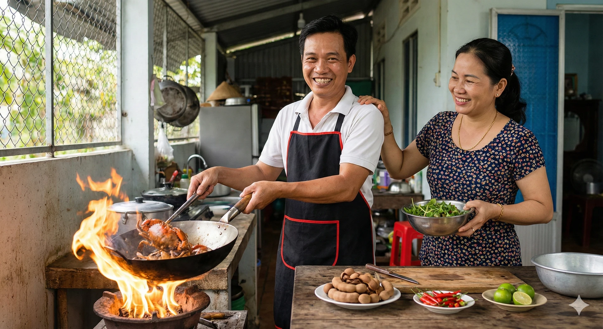 Người đàn ông đang nấu cua rang me với vẻ mặt tự tin và vợ đứng cạnh mỉm cười