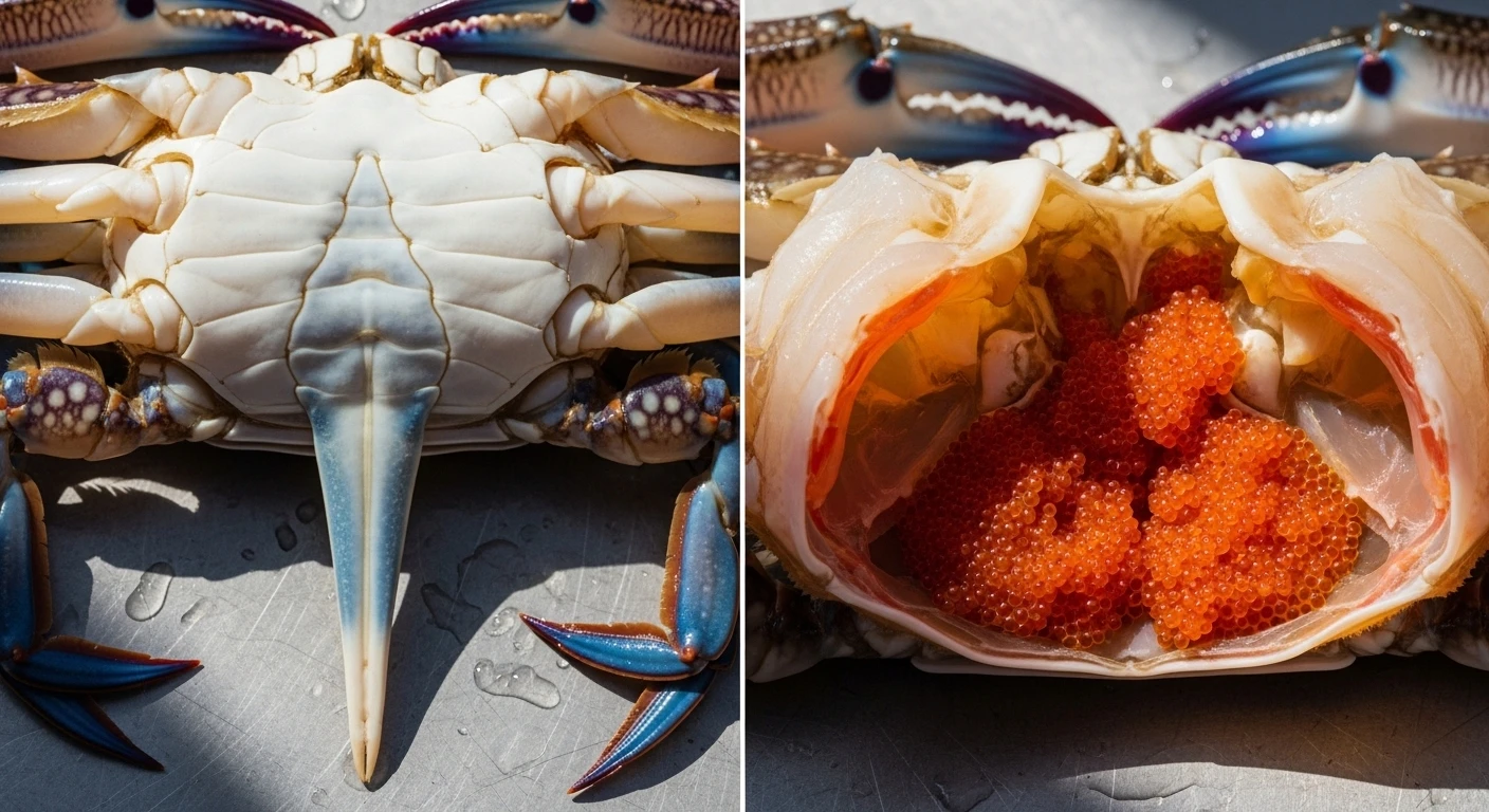 A split image showing male and female crab abdominal flaps