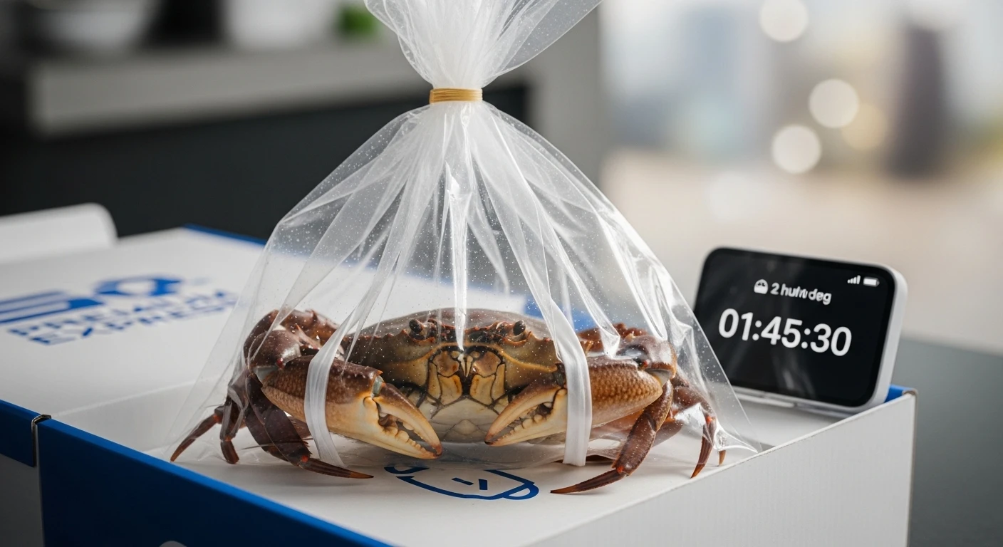 Live crabs in delivery packaging with a timer