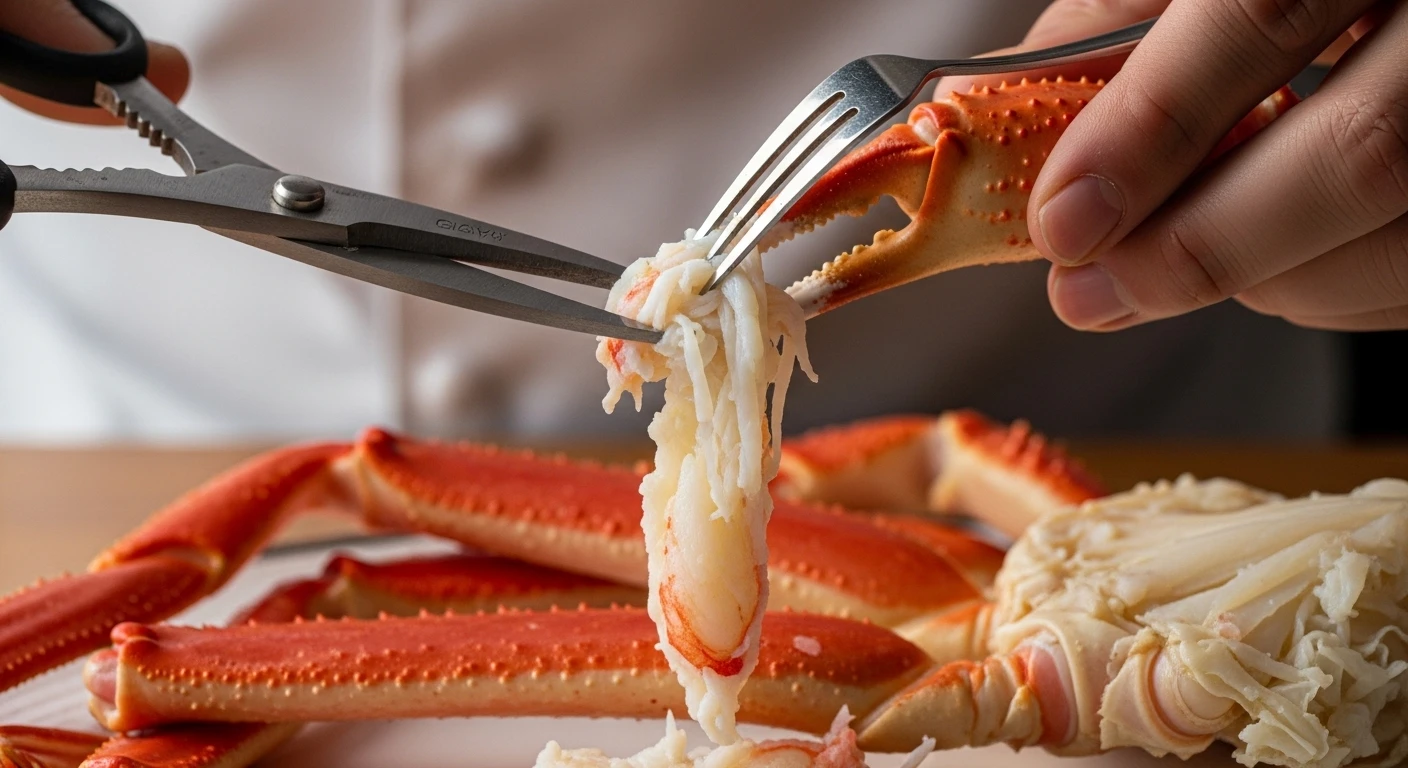 Close-up of crab leg meat being carefully extracted with tweezers