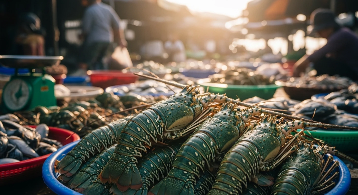 Exotic green-hued lobsters in a bustling market