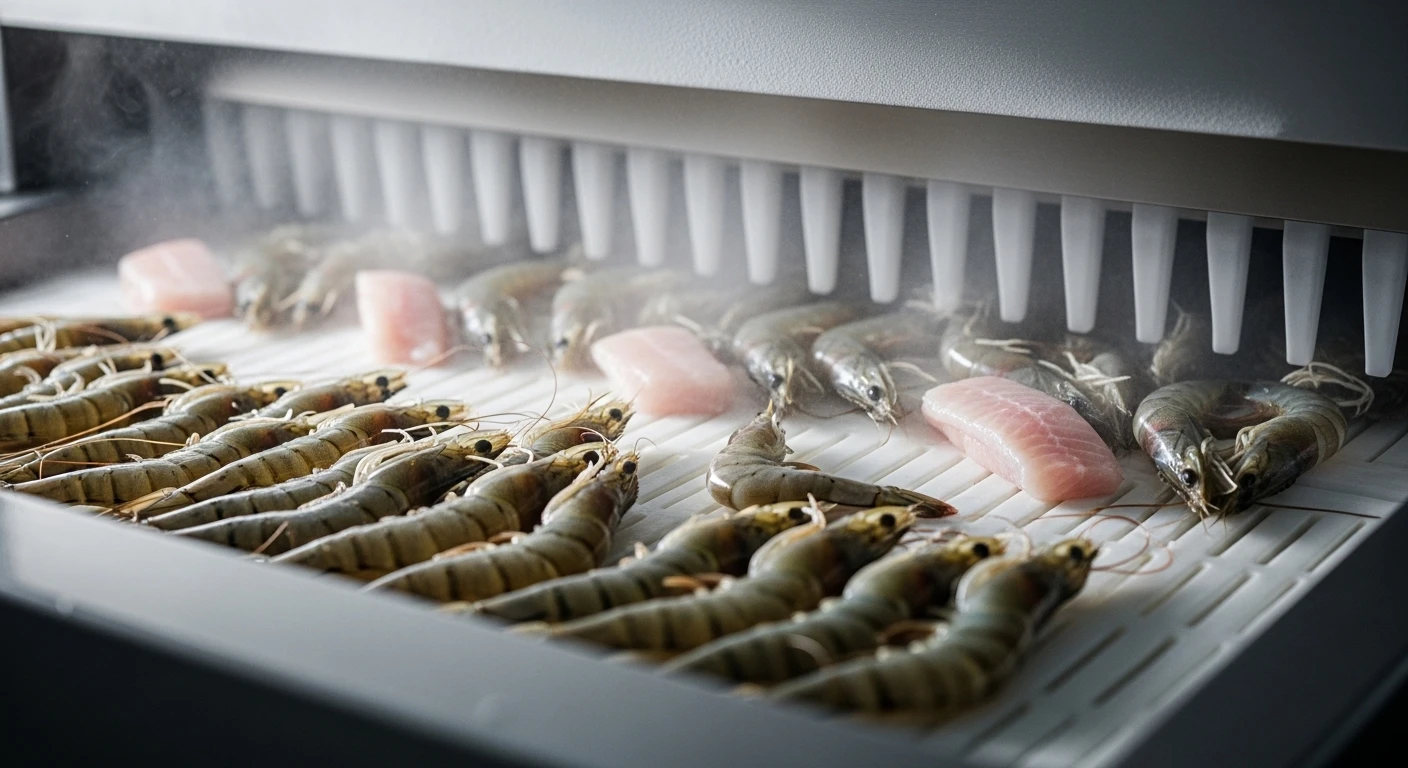 Close-up of flash-frozen fish fillets in a commercial IQF freezer