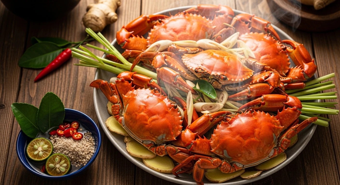 Món ghẹ hấp sả gừng thơm lừng trên bàn tiệc