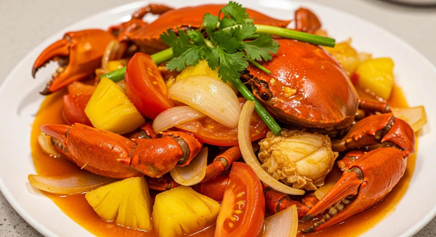 Đĩa Ghẹ Xào Chua Ngọt Dứa Cà Chua hấp dẫn