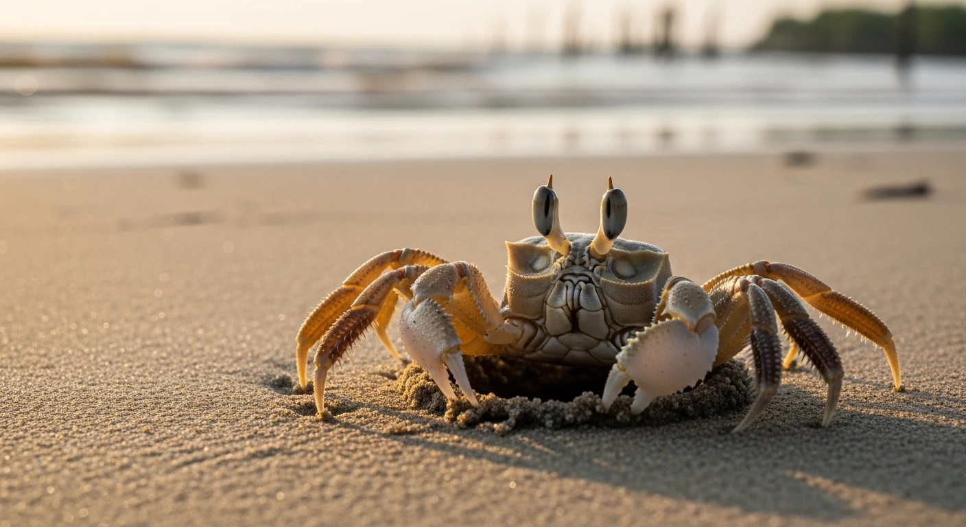 Close-up of a ghost crab on sandy beach in Mekong Delta, showing its pale shell and prominent eyes