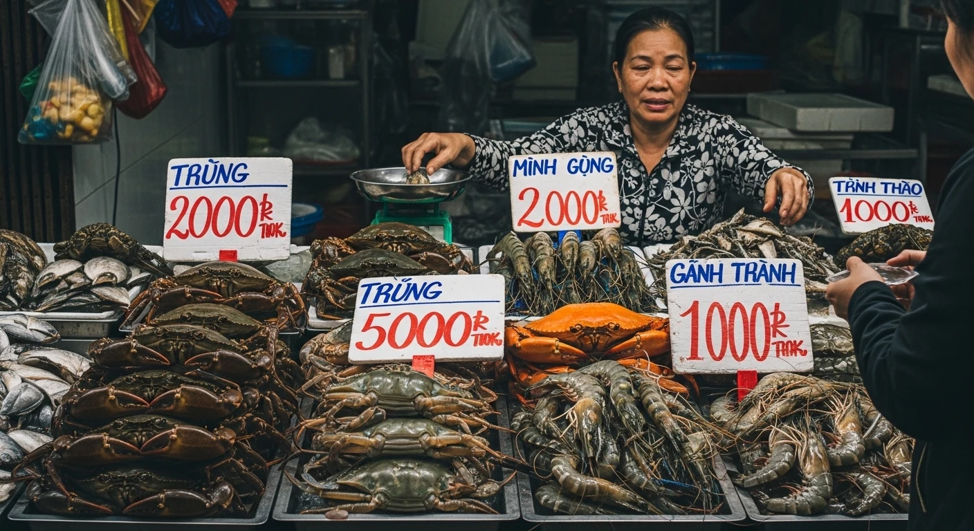 Busy seafood market stall with reduced prices