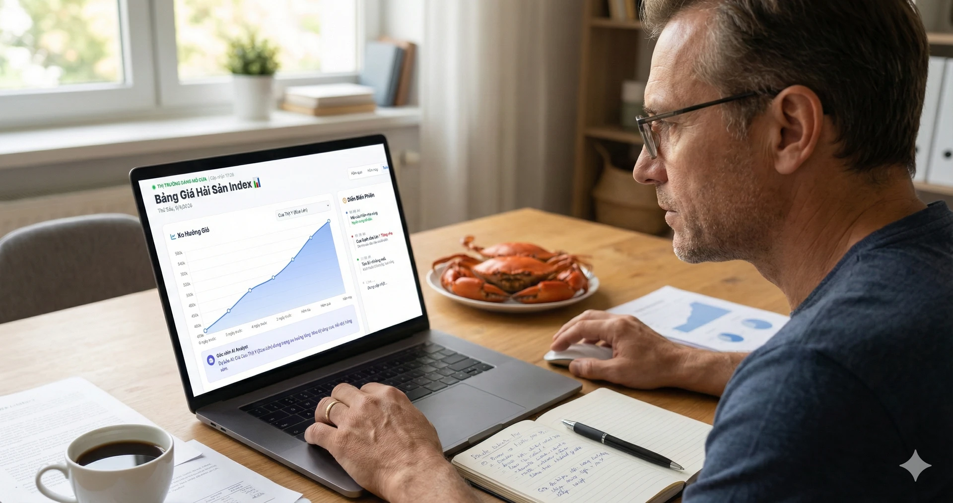 Hình ảnh một người đang nghiên cứu thị trường cua Cà Mau trên laptop