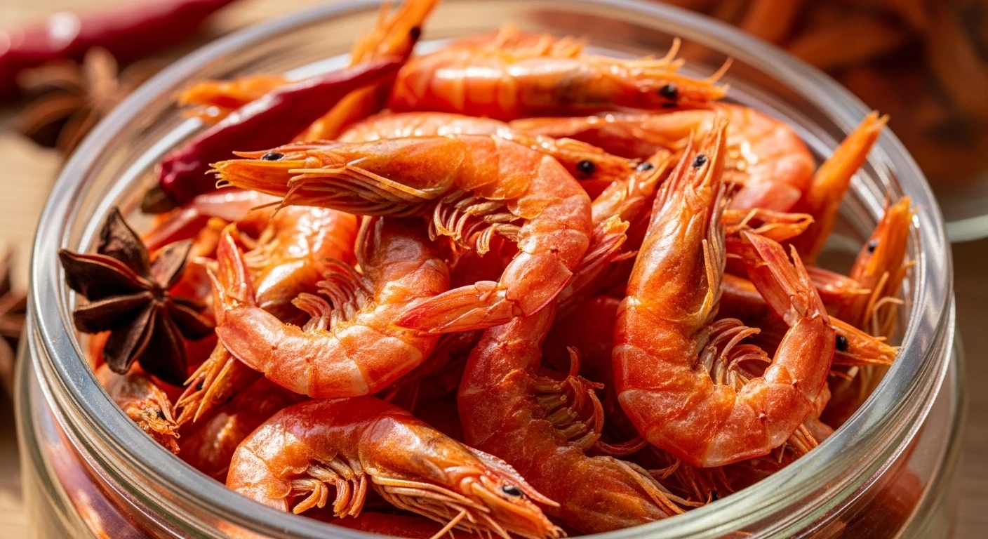 Tôm khô Rạch Gốc thành phẩm, màu đỏ au hấp dẫn