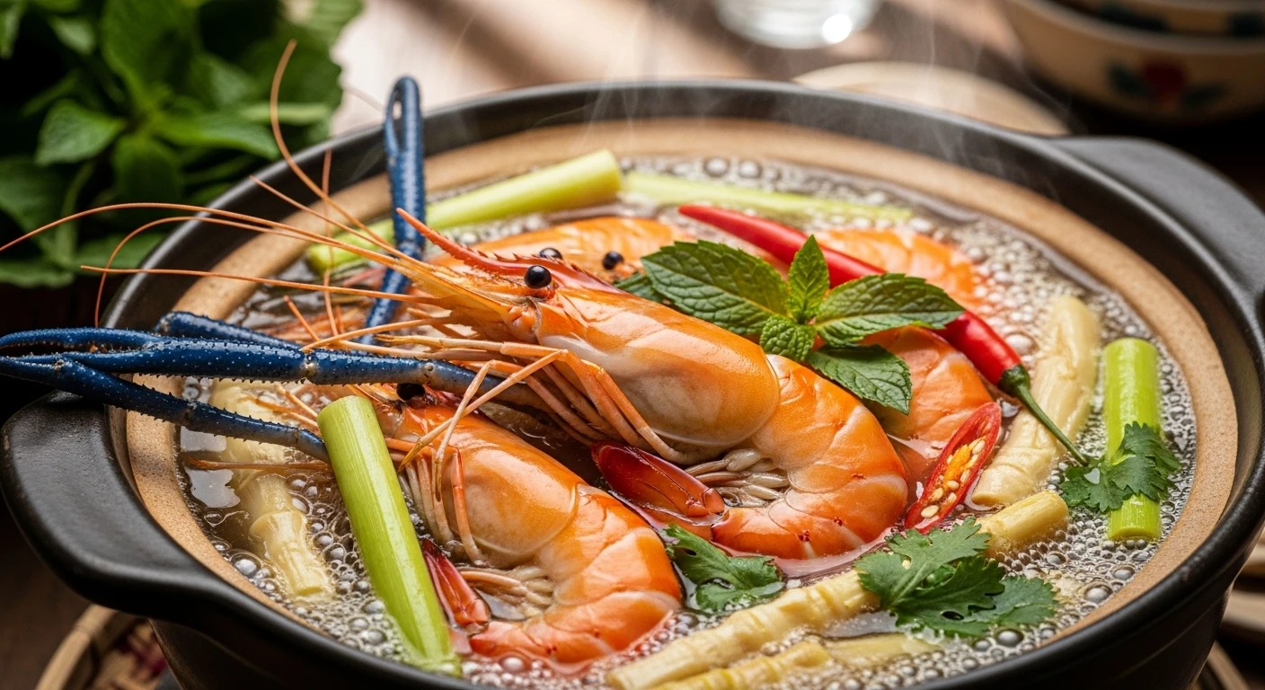 Giant Prawn & Pickled Bamboo Shoot Hotpot with fresh herbs