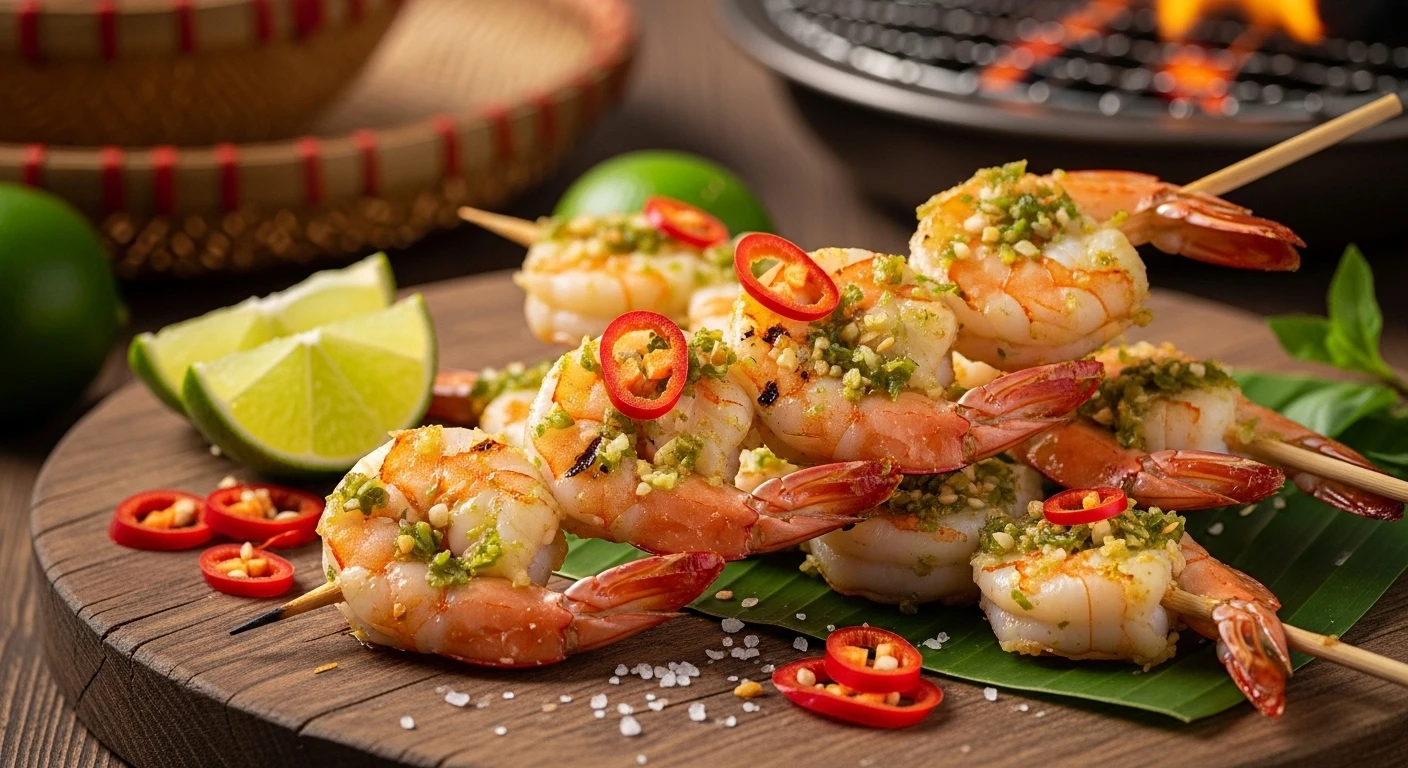 Vietnamese Green Chili Salt Grilled Shrimp Skewers on a charcoal grill
