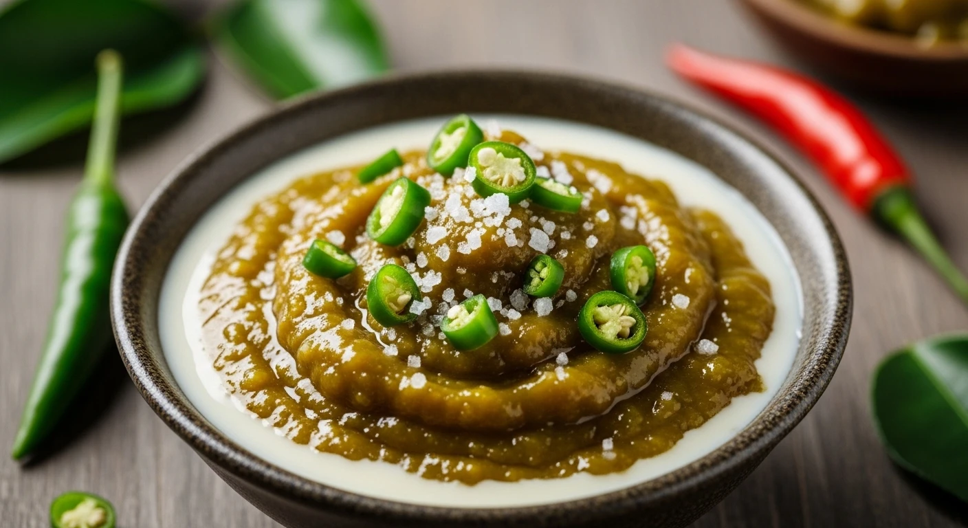 Green chili salt dip with condensed milk in a small ceramic bowl