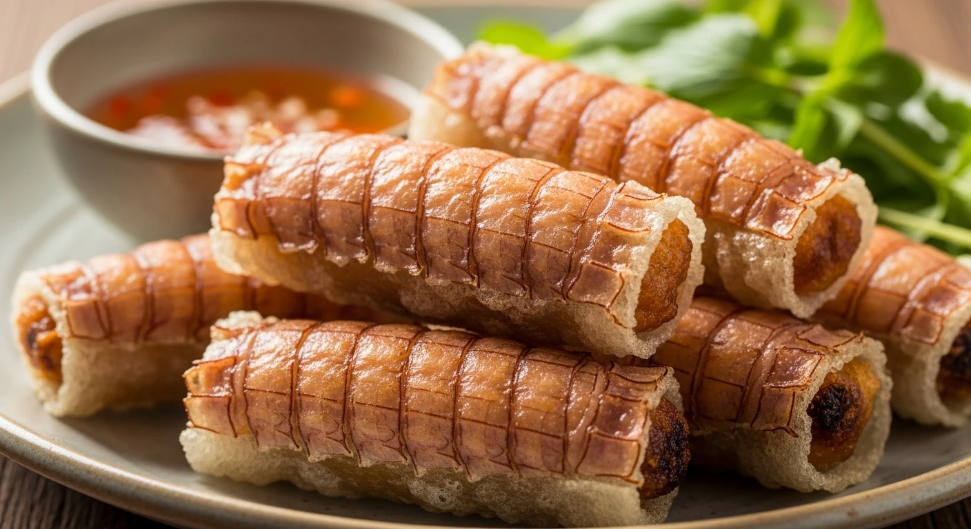 Golden brown crispy spring rolls filled with shrimp, noodles and mushrooms