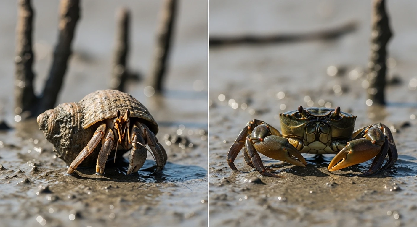 Hermit Crab and Mud Crab side by side in Mekong Delta