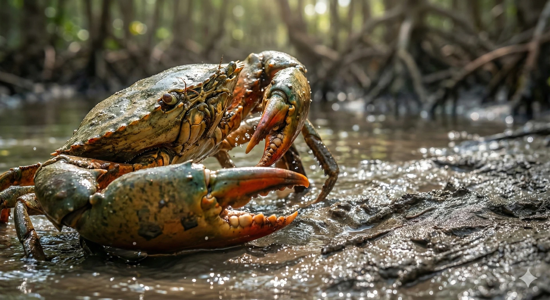 A crab partially out of water, near the muddy banks of the Mekong Delta, showcasing its ability to survive both aquatic and terrestrial environments.