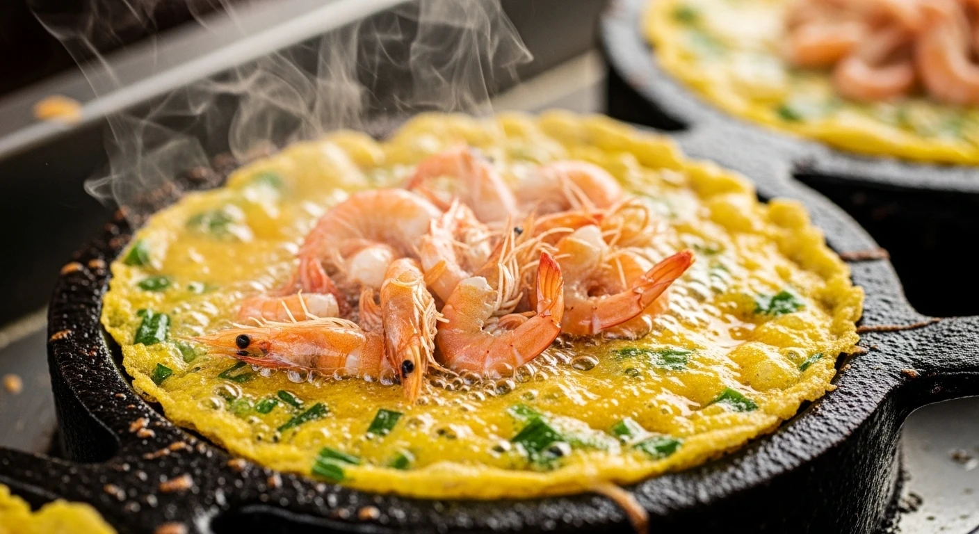 Crispy Banh Xeo with jumping shrimp being cooked in a cast iron mold