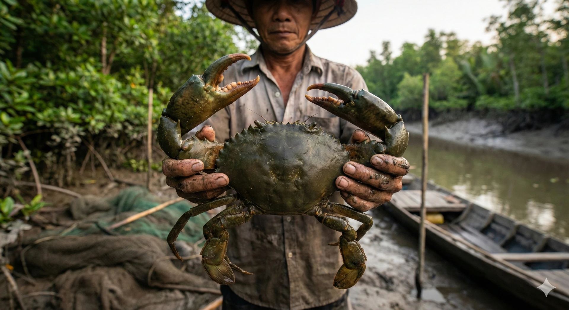 Nông dân Cà Mau đang cần mẫn kiểm tra và thu hoạch cua trong môi trường đầm lầy ngập mặn, dưới những tán cây đước xanh tươi