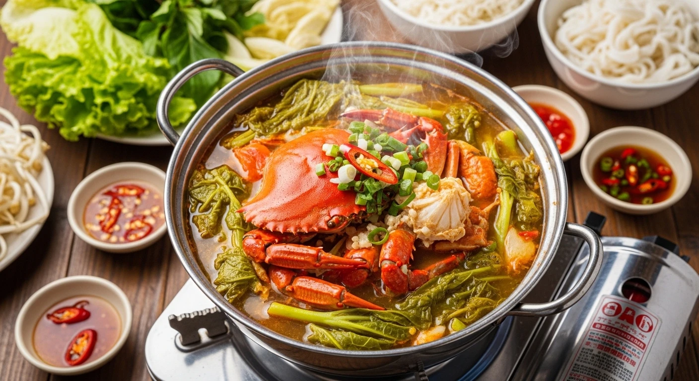 Nồi lẩu cua biển lá bầu non nghi ngút khói
