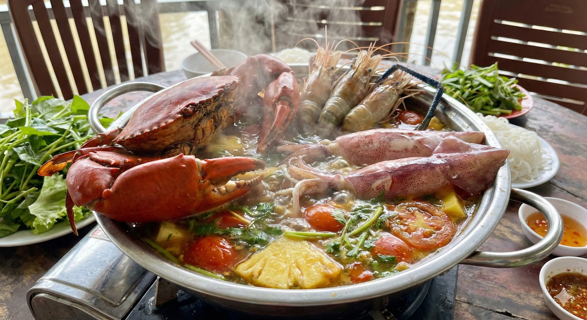 Nồi lẩu cua Đất Mũi nghi ngút khói với cua, tôm, mực tươi ngon