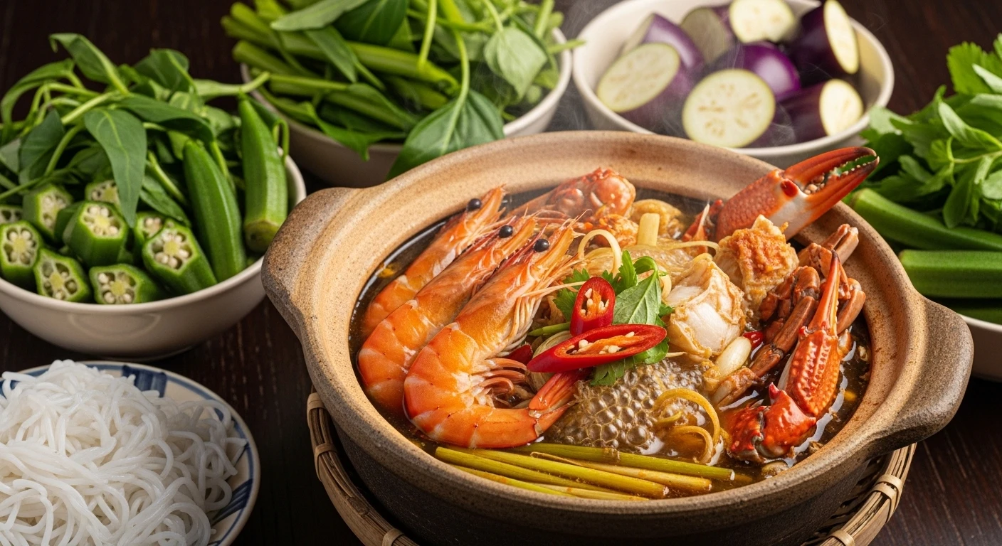 A steaming pot of Lau Mam hotpot with various ingredients
