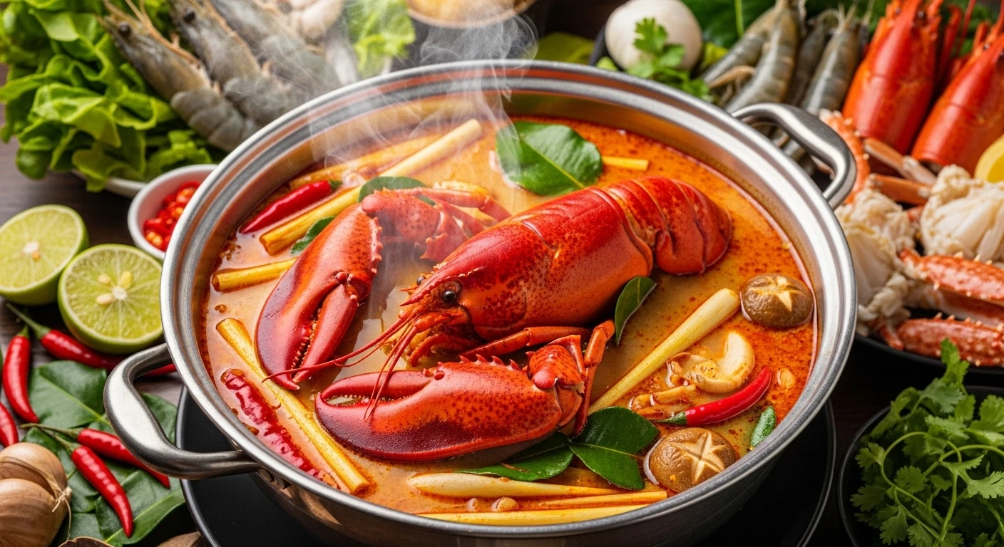 Nồi lẩu tôm hùm chua cay kiểu Thái nóng hổi, hấp dẫn
